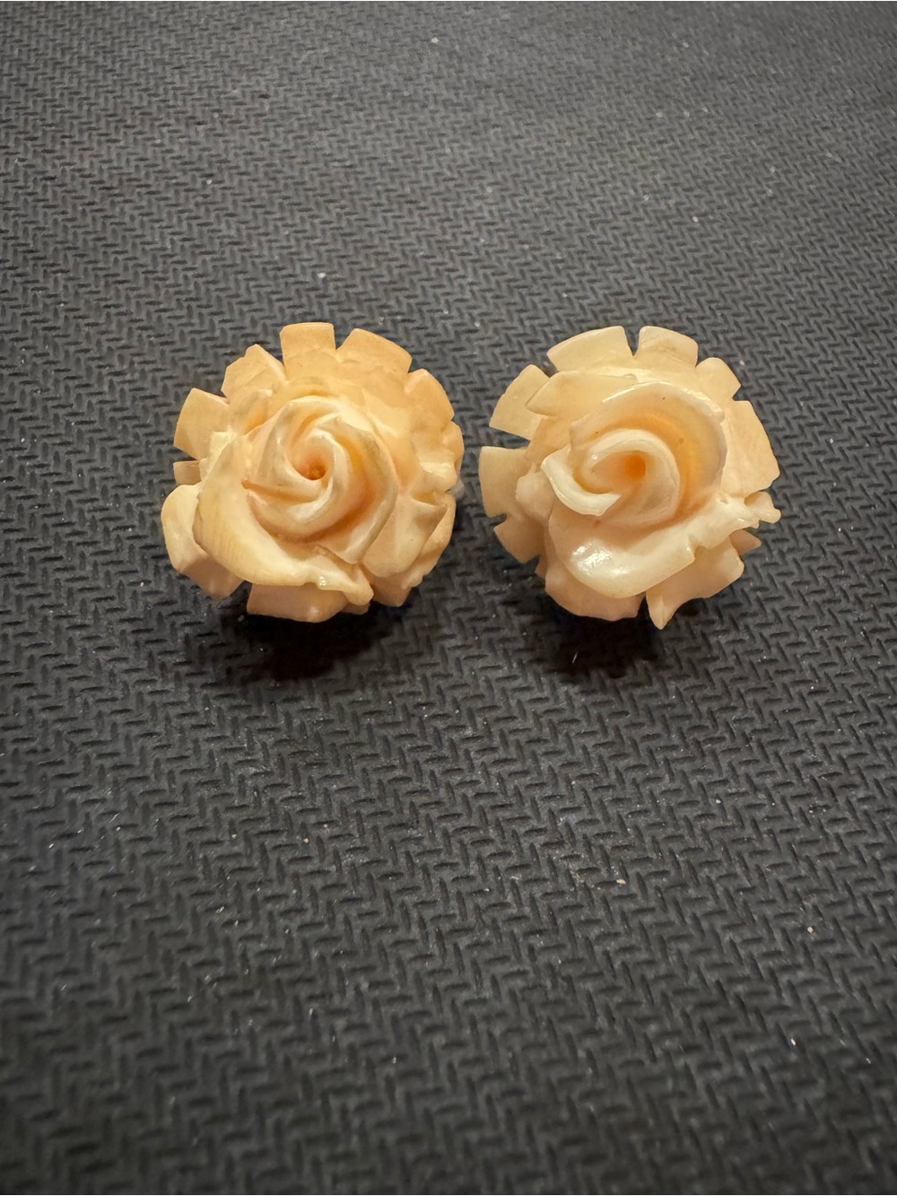 Vintage Cream Carved Celluloid Rose Flower Silver tone Screw Back Earrings